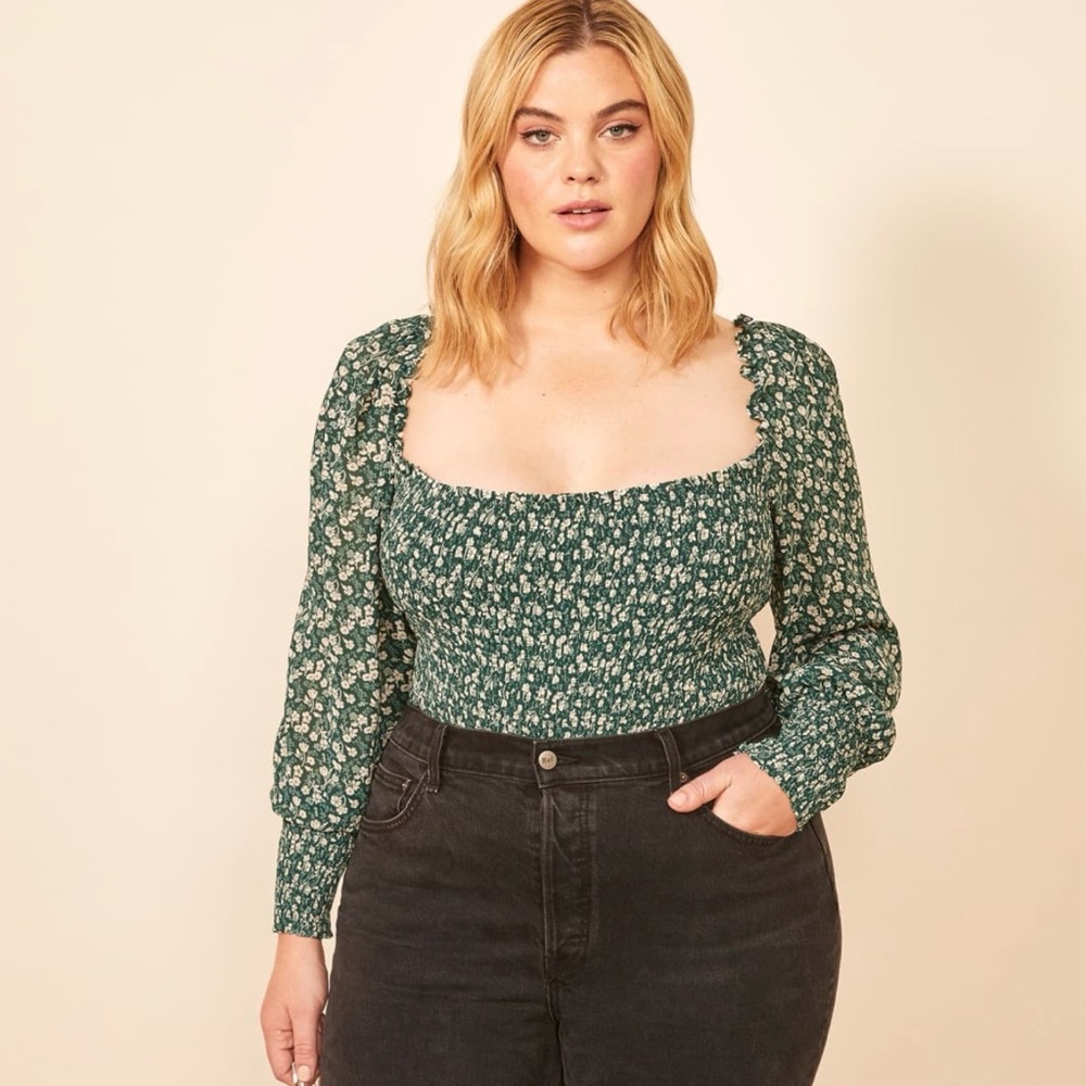 Reformation Pinto Top square neckline smocked bodice green micro floral Sz‎ 2X